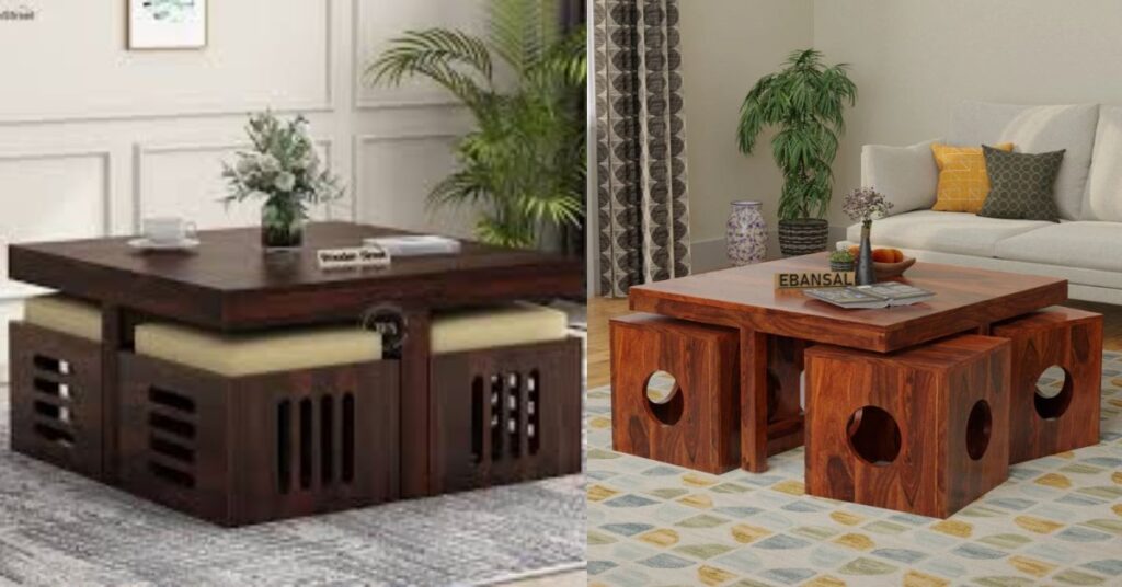 Wooden Coffee Table with Stools