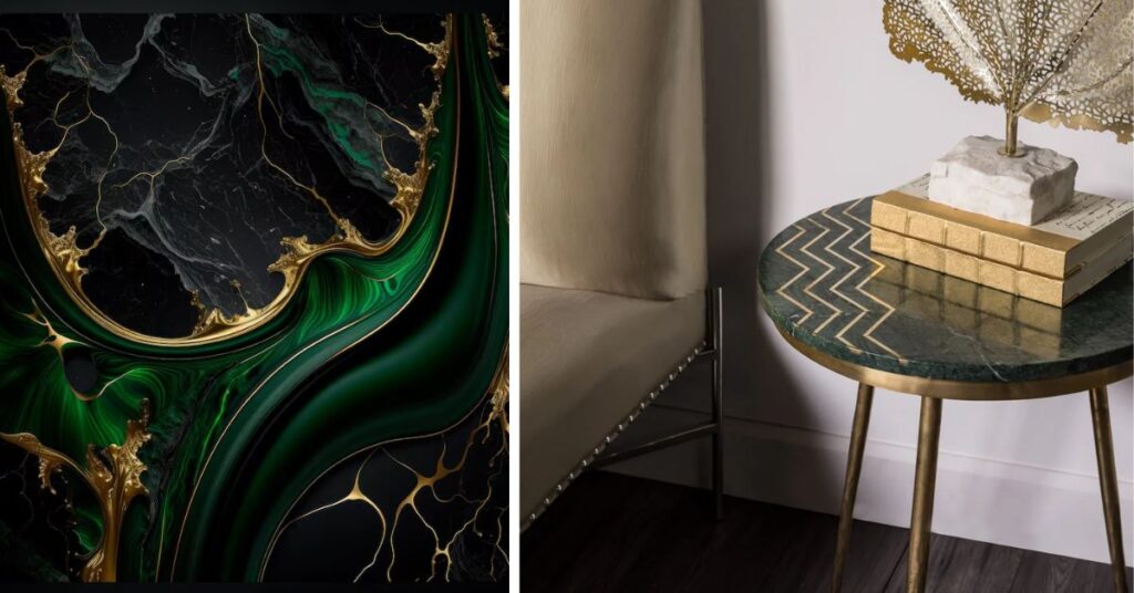 Dark Green Marble With Gold, Black and Wood Bases